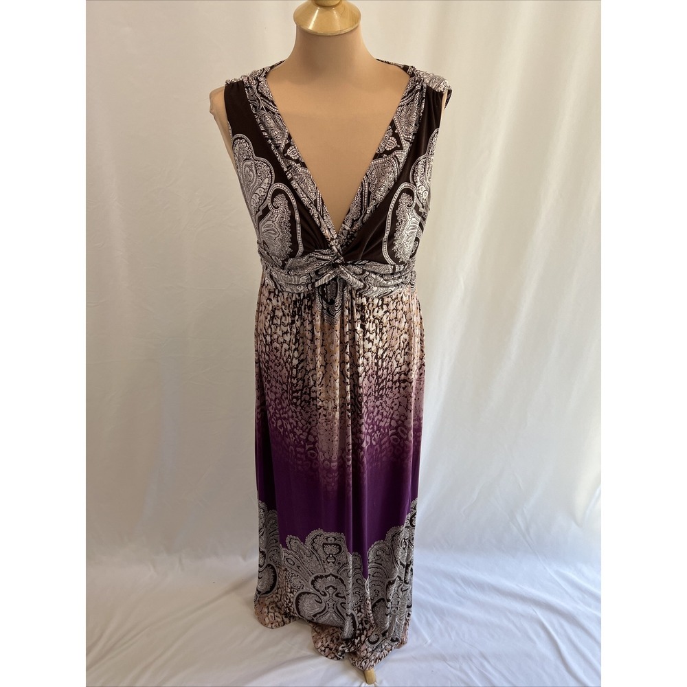 Soma‎ Sleeveless Maxi Dress V Neck Brown Purple Paisley Boho Resort Moody